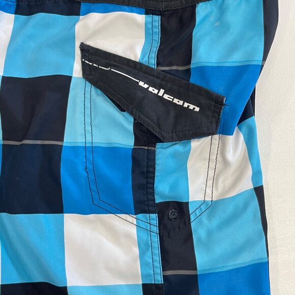 Volcom Boys 12 Blue Ice Plaid Boardshorts Swim Surf Trunks Pocket Logo Spellout - Picture 5 of 15